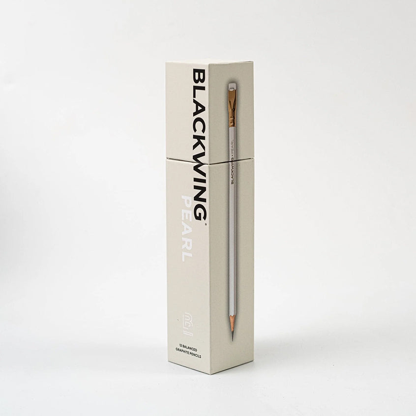 Closed box of 12 Blackwing Pearl pencils on grey background