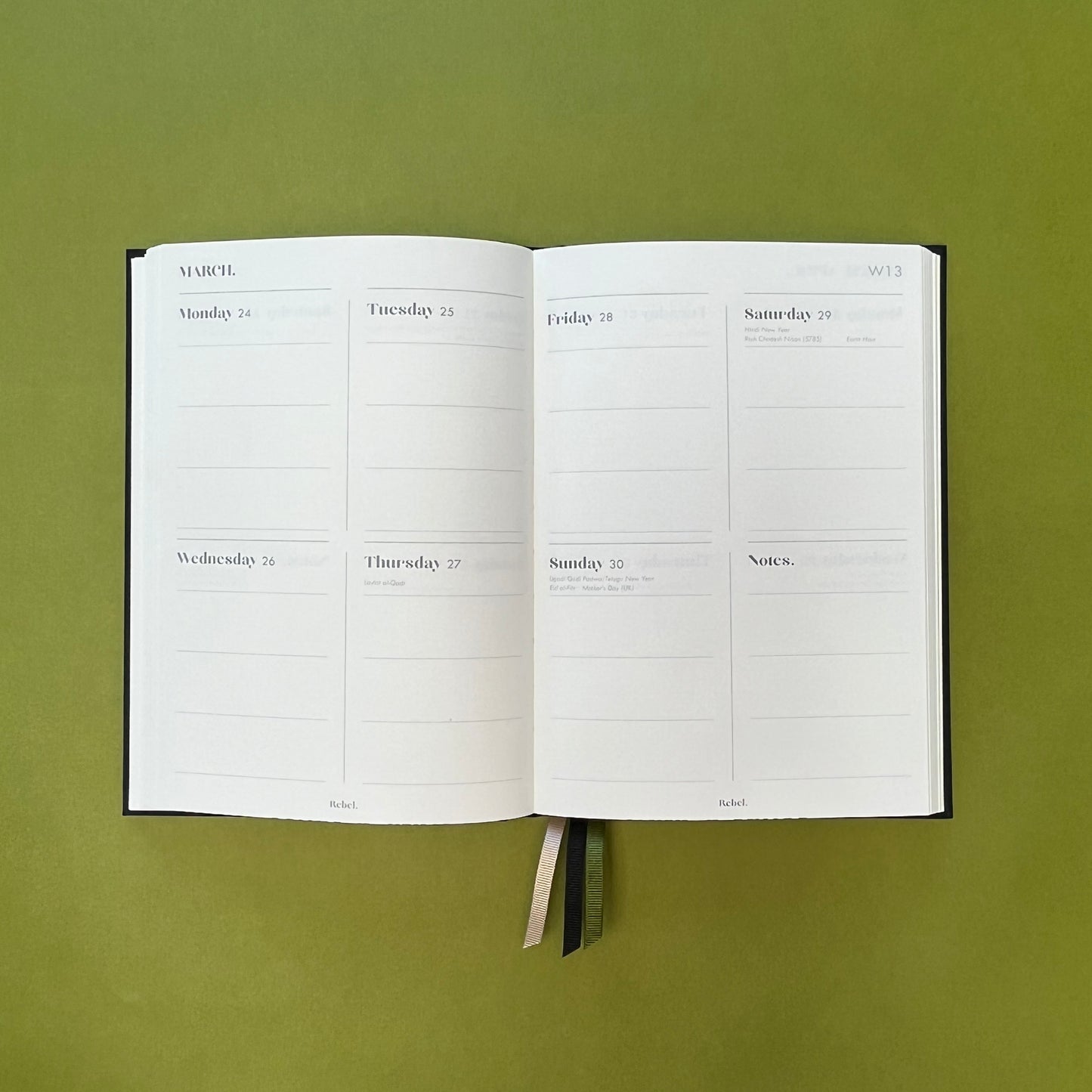 WTV spread of Rebel Stationery's Signature diary in Ink on green background