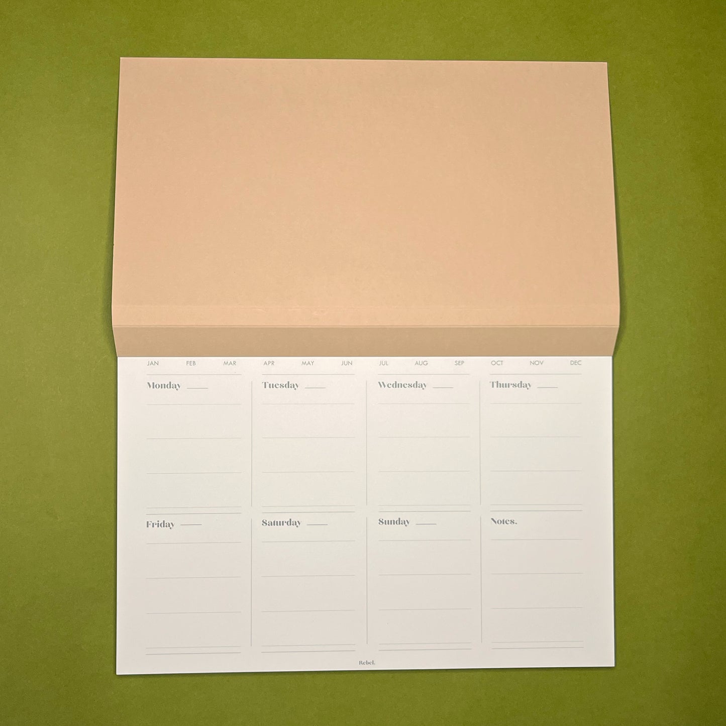 Open shot of Rebel Stationery's Weekly Desk Planner in Stone on a green background