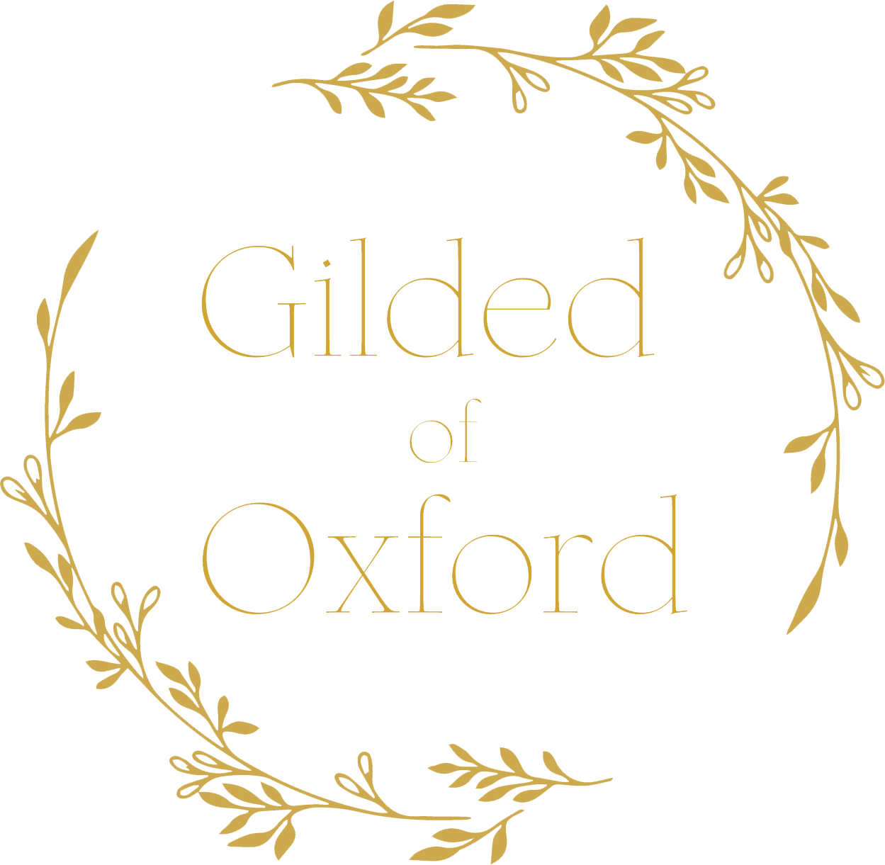 Gilded text 'Gilded of Oxford' with decorative gold leaves on a white background