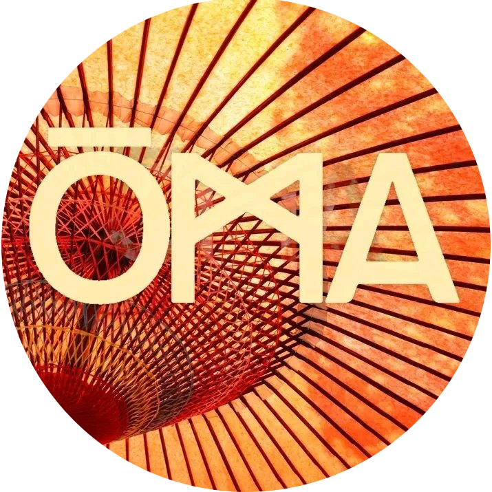 Circular logo with 'OMA' text on a textured orange and red background