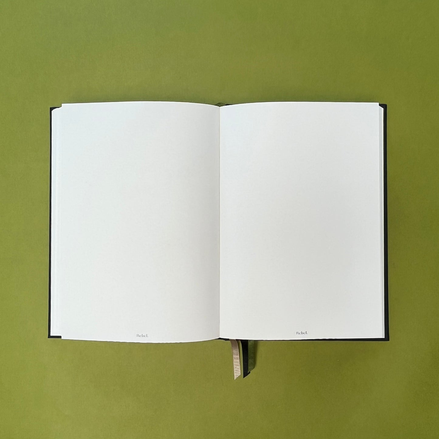 Plain spread of Rebel Stationery's Signature notebook in Ink on green background
