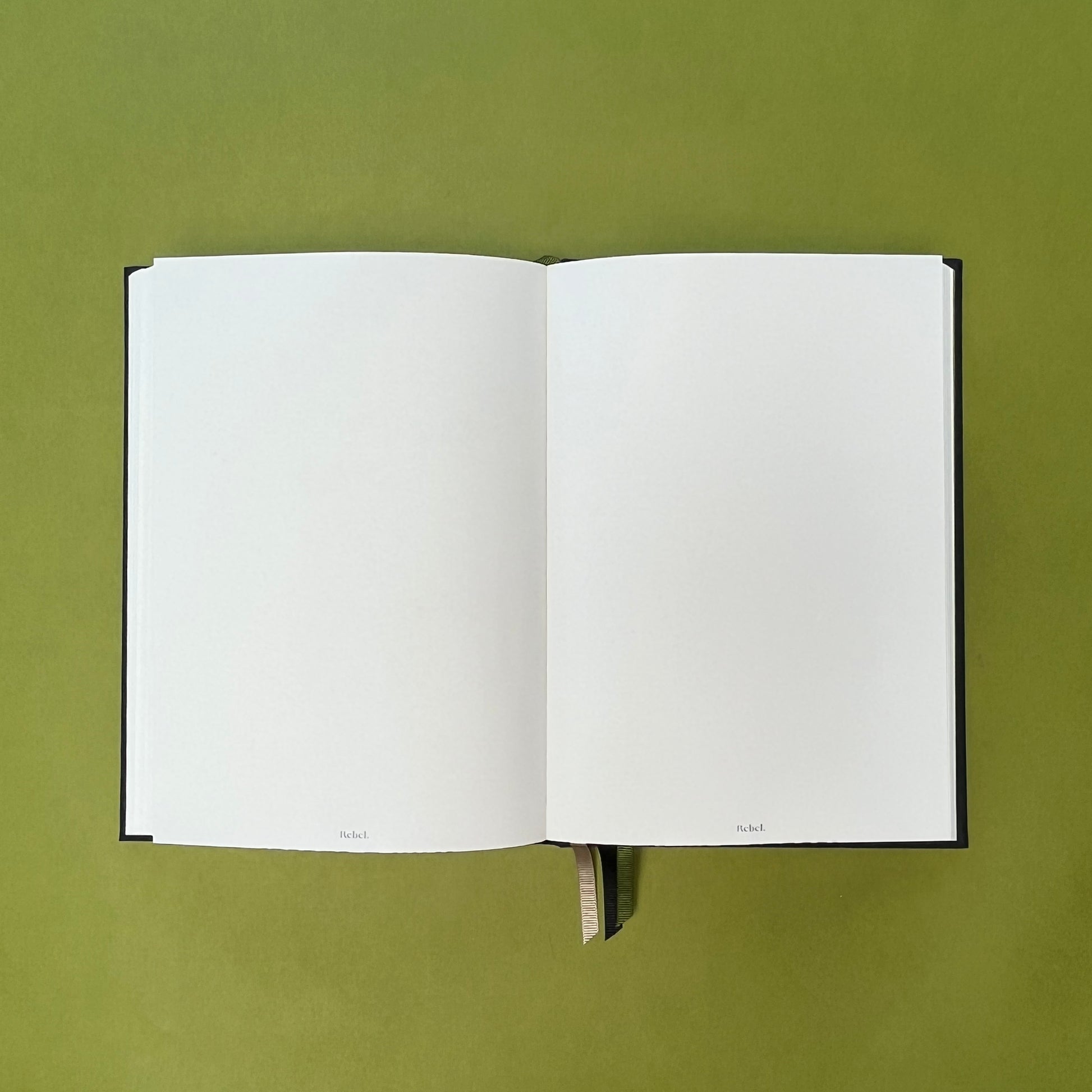 Plain spread of Rebel Stationery's Signature notebook in Ink on green background