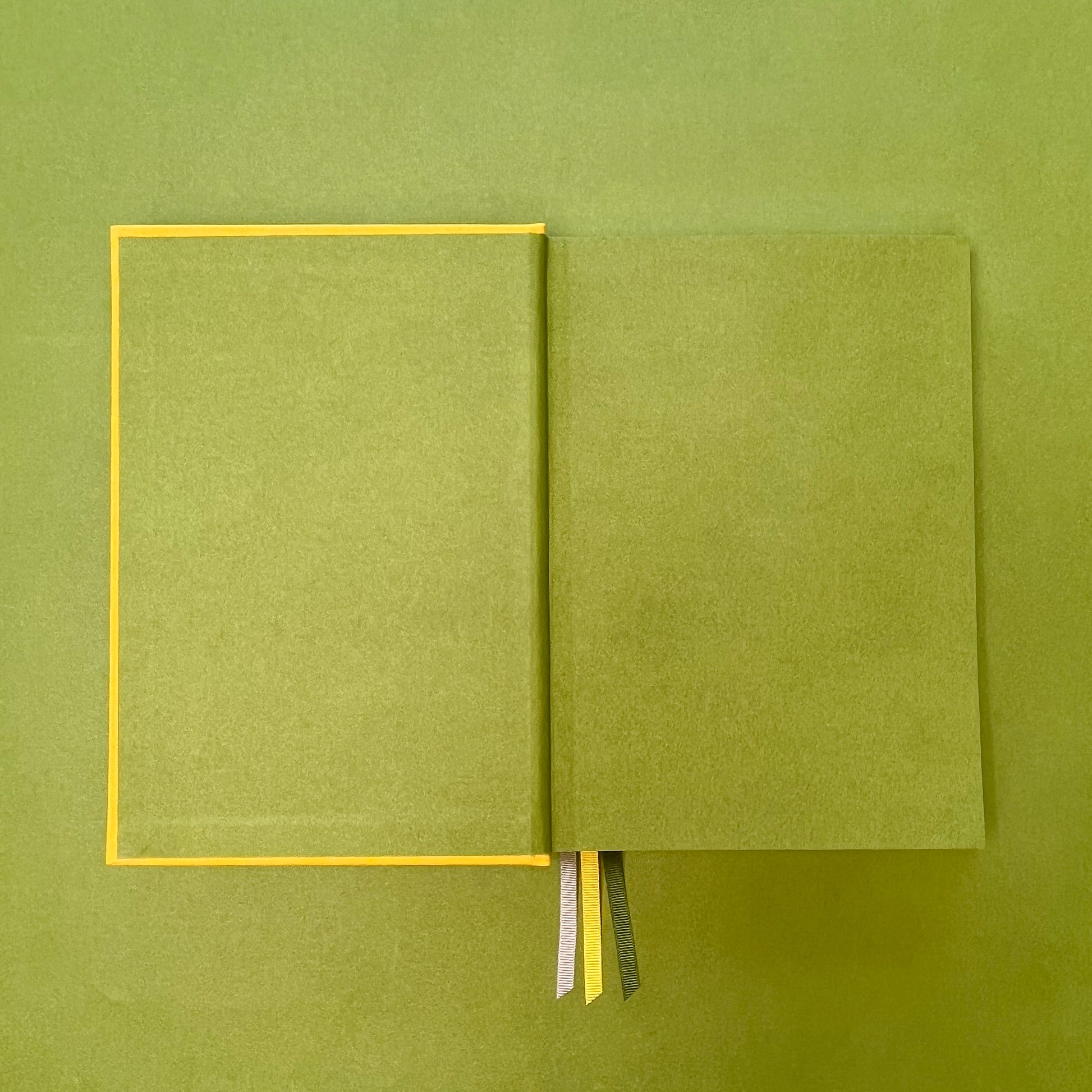 Endpapers of Rebel Stationery's Signature A5 notebook in yellow bookcloth, on a green background