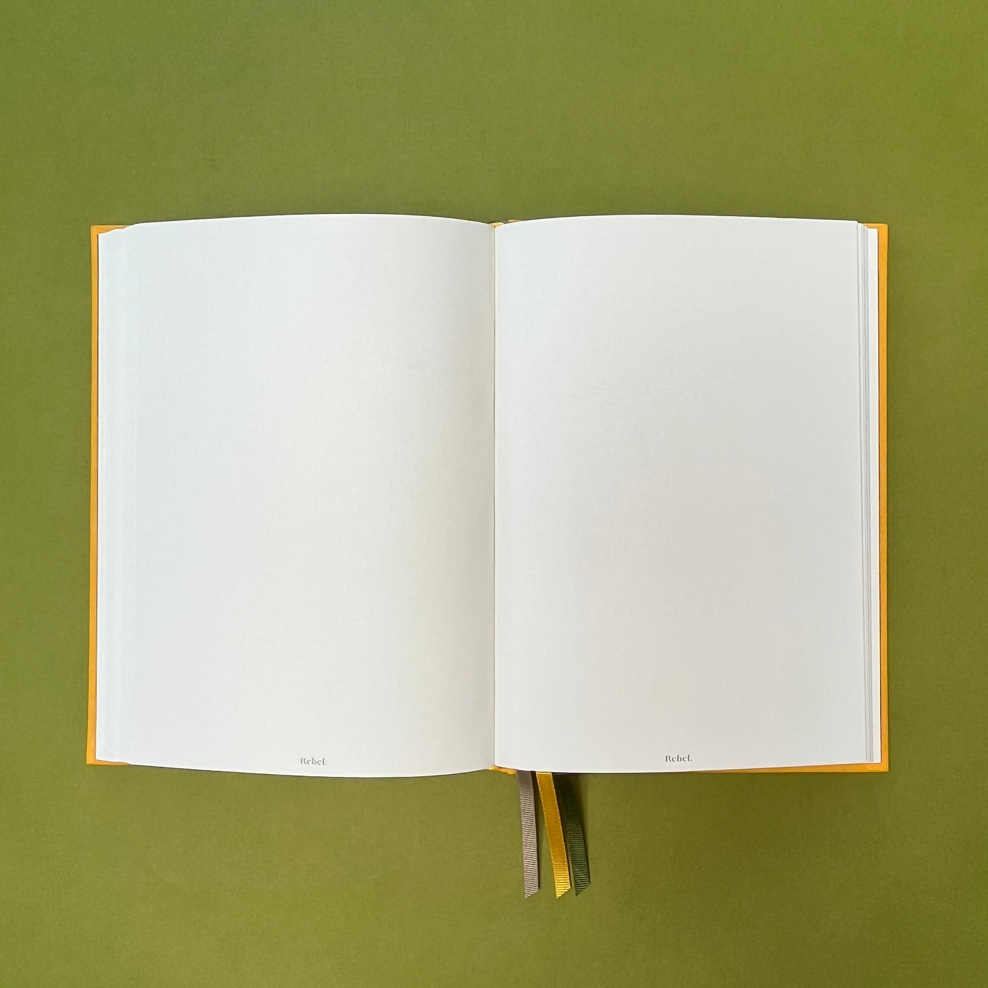 Plain spread of Rebel Stationery's Signature A5 notebook in yellow bookcloth, on a green background