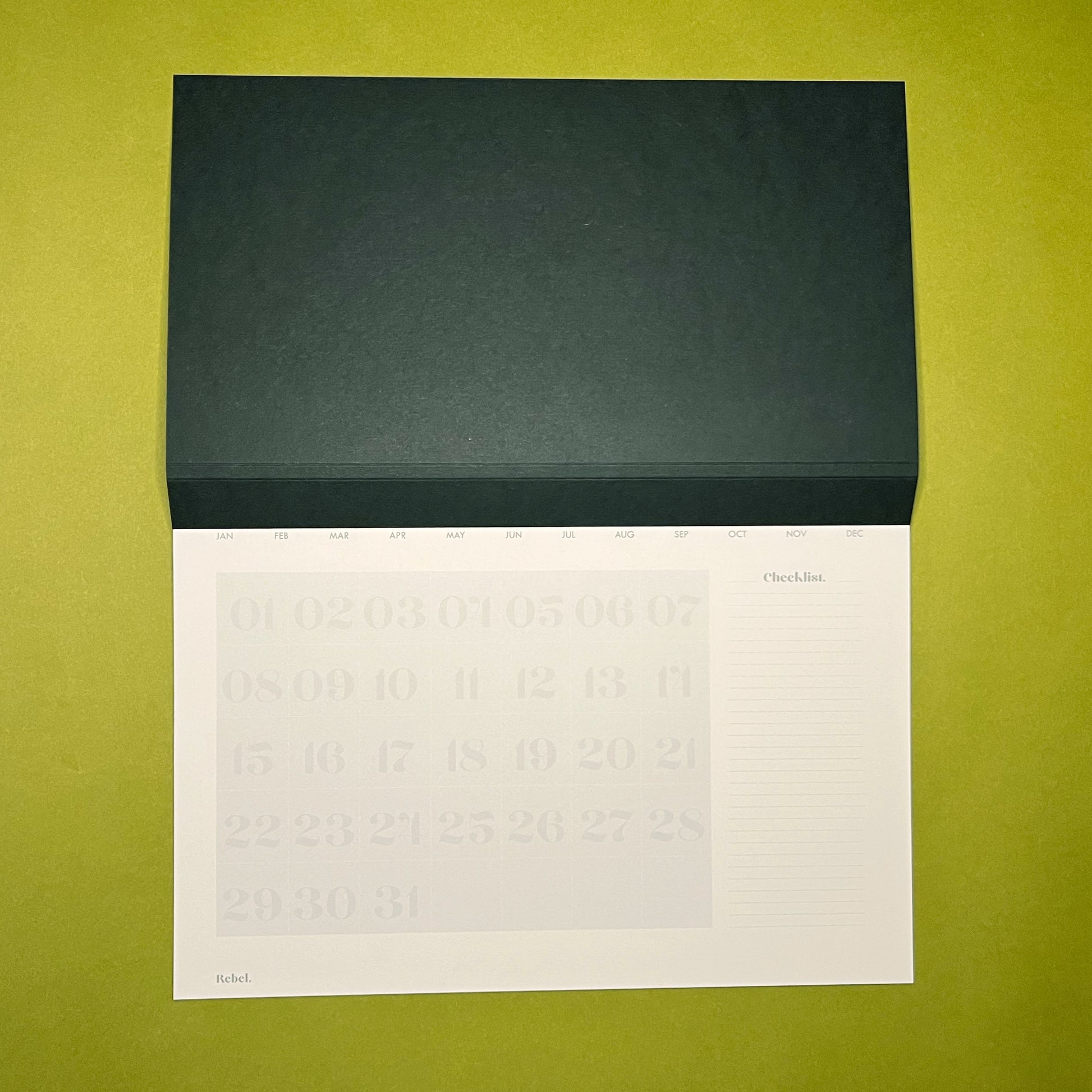 Open shot of Rebel Stationery's A4 Monthly Desk Planner in Ink on green background