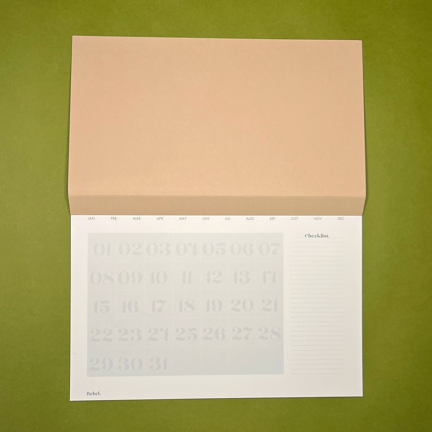 Open shot of Rebel Stationery's Monthly Desk Planner in Stone on a green background